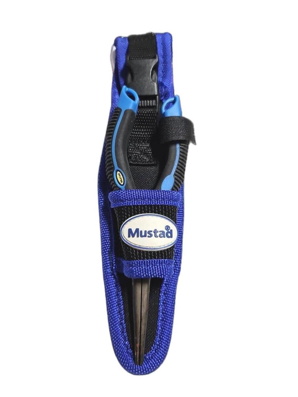 Mustad Fishing Pliers w/ Sheath & Carabiner, Blue/Black Stainless Tool, Preowned